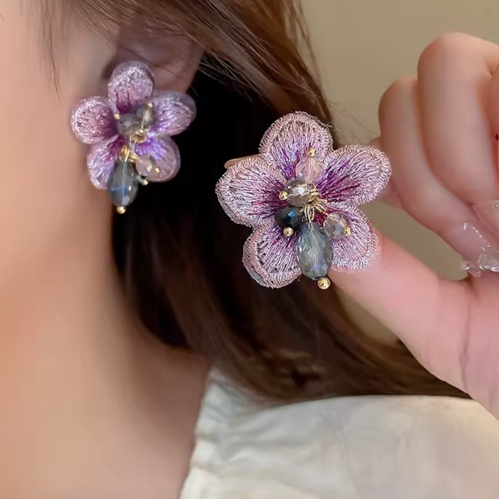 Floral Earrings with Purple and Gold Accents - Picture 2 of 7
